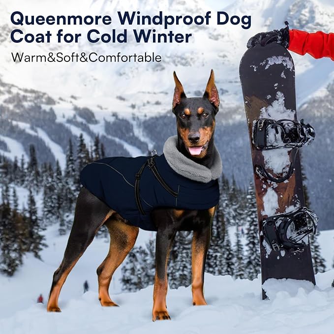 Queenmore Large Dog Coat, Dog Jacket for Extra Large Dogs with Harness Built in, Reflective Waterproof Dogs Jackets with Fleece Lining,Warm Snowsuit Pet Sweater for Doberman,Labrador,Navy Blue,XXL
