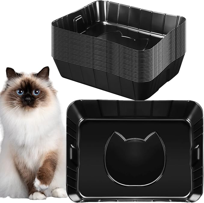 Bokon 25 Pcs Disposable Litter Boxes for Cats Plastic Cat Litter Tray Large Kitten Pan for Kitty Rabbit Guinea Pig Hamster Pets Supplies Travel Home Toilet, 15.7 x 11.8 x 3 Inches(Black)