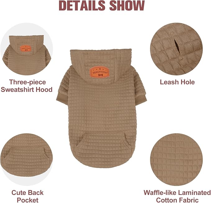 BEAUTYZOO Small Dog Hoodie Sweater with Pockets, Dog Clothes for Small Medium Dogs Boy Girl, Waffle-Like Laminated Cotton Pet Coats with Hat and Leash Hole, Khaki XXS