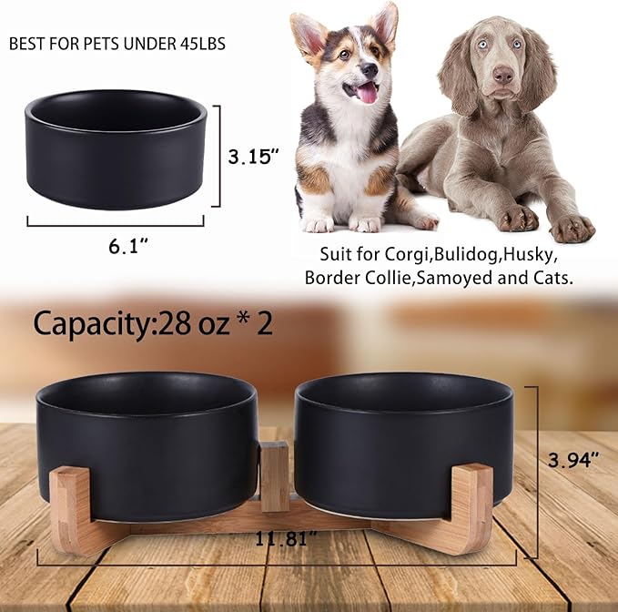 Petygooing Dog Bowls,Black Ceramic Cat Dog Bowl Set with Wood Stand for Food and Water,Non-Slip Cute Modern Pet Dish Set for Cats Small and Medium Dogs (28OZ/6.1 in)
