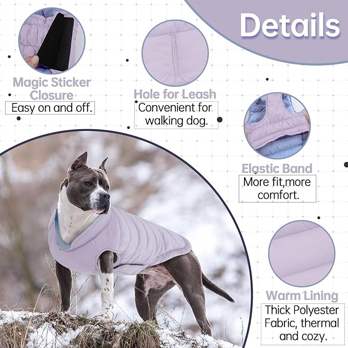 Lelepet Reversible Dog Coat Lightweight Warm Dog Winter Jacket Padded Vest Windproof Cold Weather Coat Sonwsuit with Hook & Loop Leash Hole Coats for Dogs, Non-Shedding, Easy on/Off, Pug, Purple, M