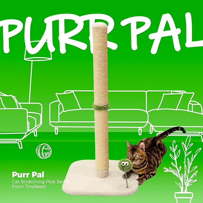 TINYBEAST 34" Tall Cat Scratching Post for Indoor Cats, Premium Natural Sisal Scratcher with Interactive Plush Toy Ball, Reinforced Stable Base for Large Adult Cats & Kittens(Beige)