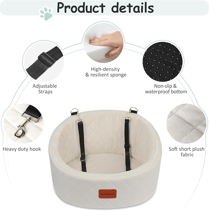 Dog Car Seat for Small Dogs Up to 30 Lbs,Ultra Soft Fabric Fill in Comfy Memory Foam,Happy Pet Ride,2 Safety Dog Leashes,Fully Detachable and Washable,Anti Slip Base(Beige)