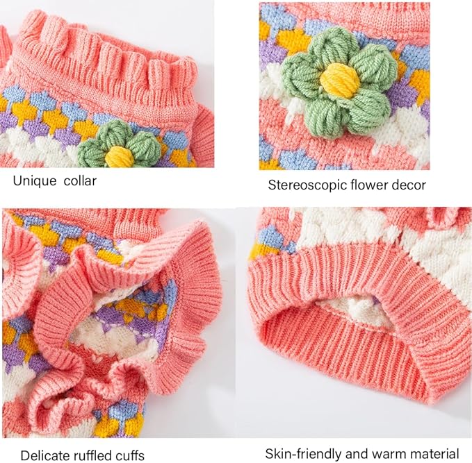 Dog Sweater, Knitted Tulip Cat Sweater, Warm Thick Holiday Puppy Clothes for Girl, Cold Weather Outfit for Kitten Chihuahua Yorkie Teacup Dachshund Pug (Pink, Small)