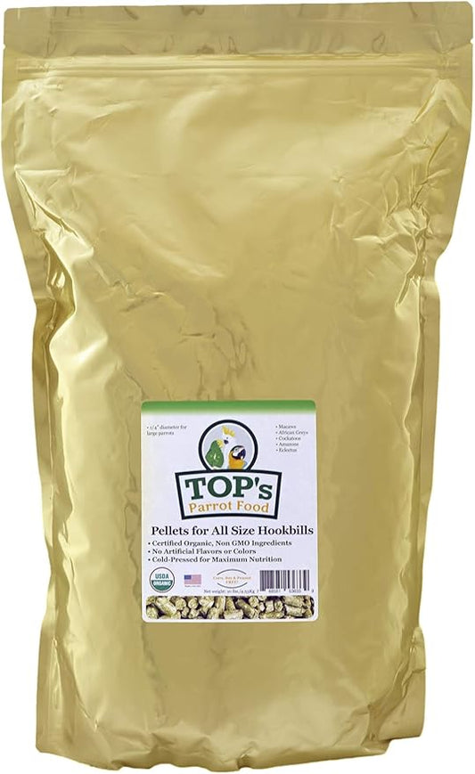 TOP's Parrot Food Pellets Hookbills, Small, Medium and Large Parrots - Non-GMO, Peanut Soy & Corn Free, USDA Organic Certified - 10 lb / 4.53 kg