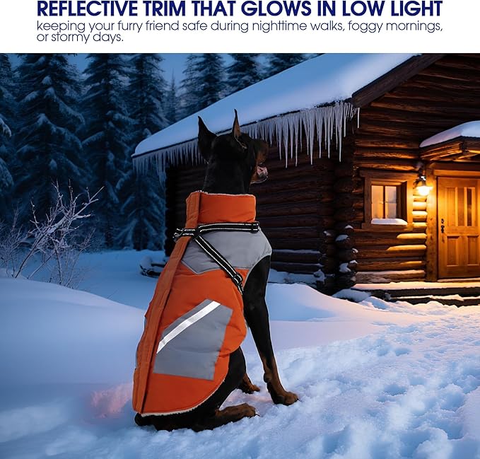 FUAMEY Dog Winter Jackets for Small Dogs,Dog Coat with Harness Built in,Waterproof Dogs Snowsuits Warm Pet Jacket Zip Up Fleece Cold Weather Coats Reflective Puppy Vest with Pocket Orange XS