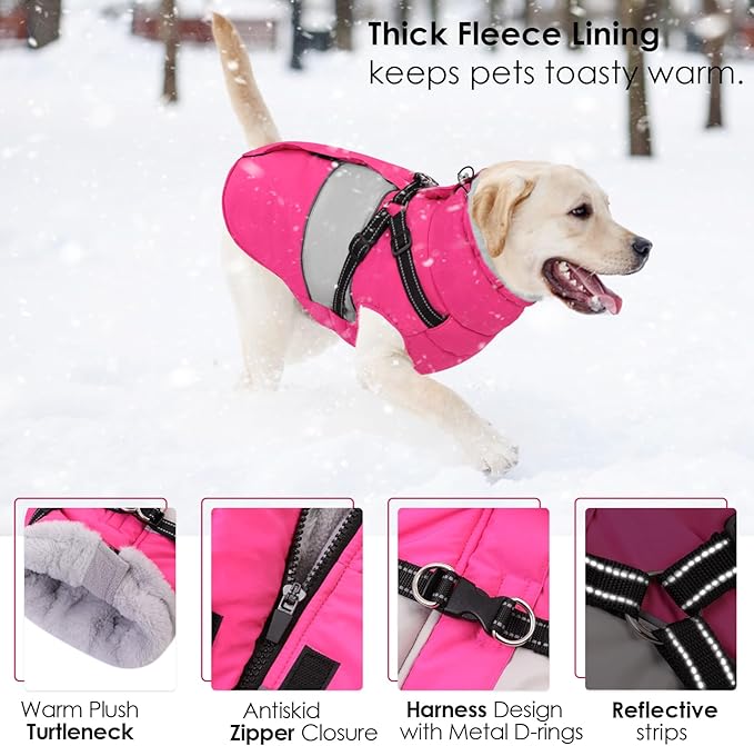 AOFITEE Small Dog Coat, Dog Winter Coat with Harness Built in, Warm Dogs Jacket with Zipper & Polar Fleece Collar, Waterproof Pet Snow Jacket Snowsuit for Schnauzer, Chihuahua Yorkshire, S