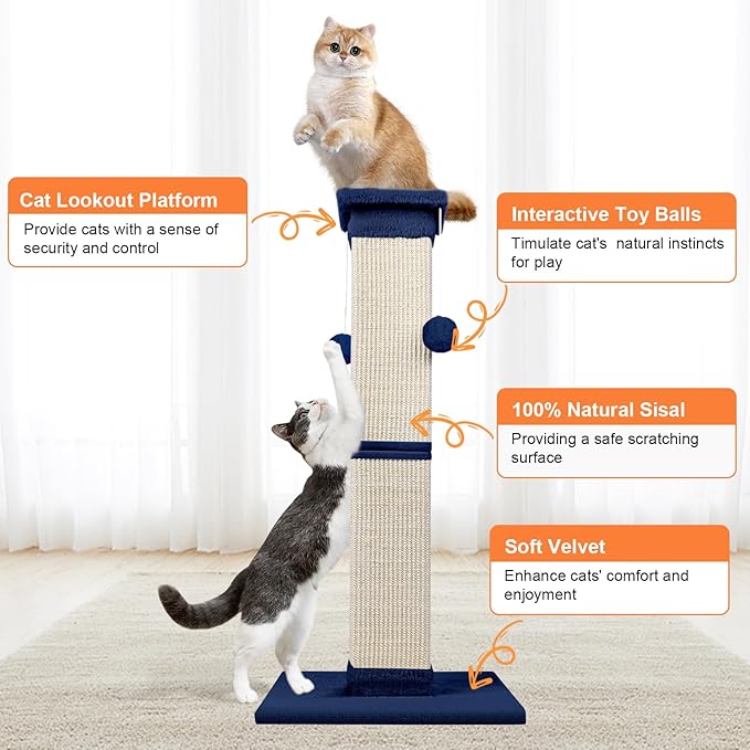 Cat Scratching Post 33 Inch Nature Sisal Scratch Post for Indoor Cats, Large Cat Scratcher Protect Your Furniture, for All Breeds Blue