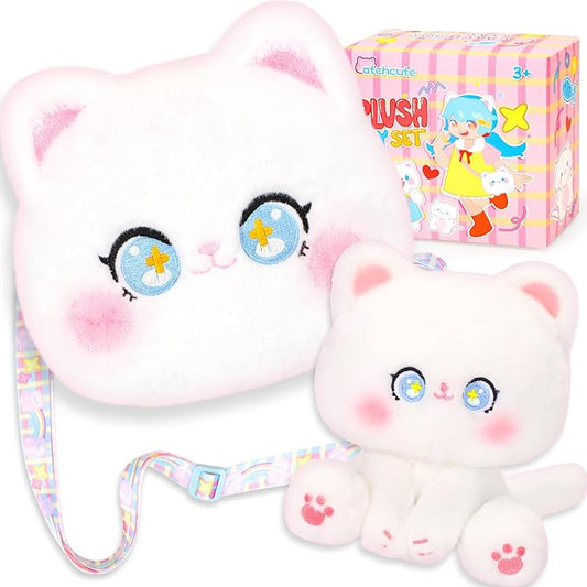 Cat Plush Toys and Purse Set for Kids,Cat Stuffed Toy Kids with Cute Zipper Crossbody Bag, Soft Stuffed Cat Toys Set Birthday Party Favors for Toddlers Kids