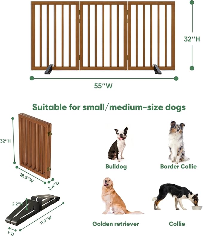 Dog Gates for Doorways, Tall Dog Gate Indoor, Foldable Pet Gates for Doorways Bedroom, Freestanding Puppy Gate with Metal Support Feet, Room Divider,3 Panels (Walnut)