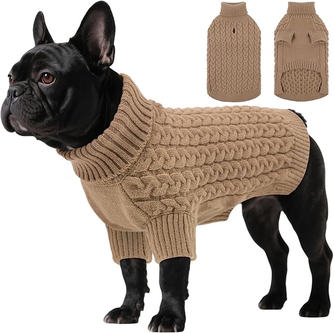 SAWMONG Dog Sweater, Dog Sweaters for Small Dogs Girls Boys, Pullover Turtleneck Knitted Doggy Sweatshirt, Cold Weather Pet Clothes（Khaki, X-Small