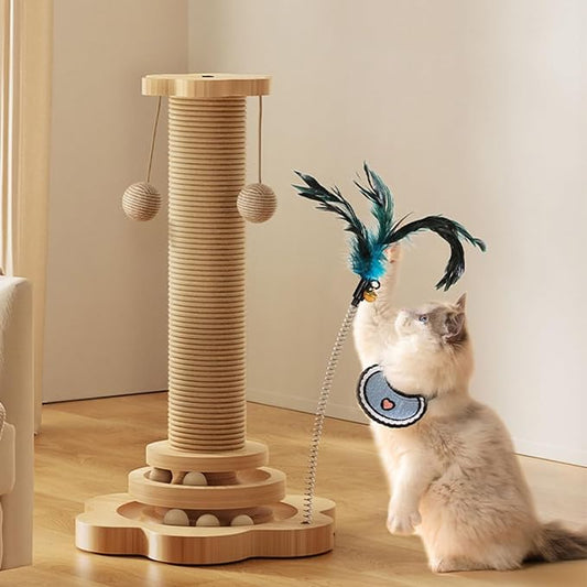 Cat Scratching Post 16'' Tall Cat Scratching Posts for Indoor Cats Adults with Hanging Ball and Interactive Wooden Ball Sisal Rope Cats Scratch Post