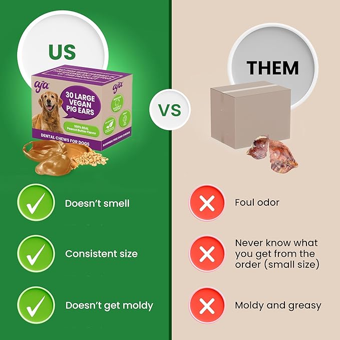 AJA 30 Large Vegan Pig Ears for Dogs - Peanut Butter Dental Chews for Dog - Healthy Rawhide Free, Teeth Cleaning Chew - No Raw hide Alternative Low Fat Big Treat - Long Lasting Treats, Oral Care Gifts