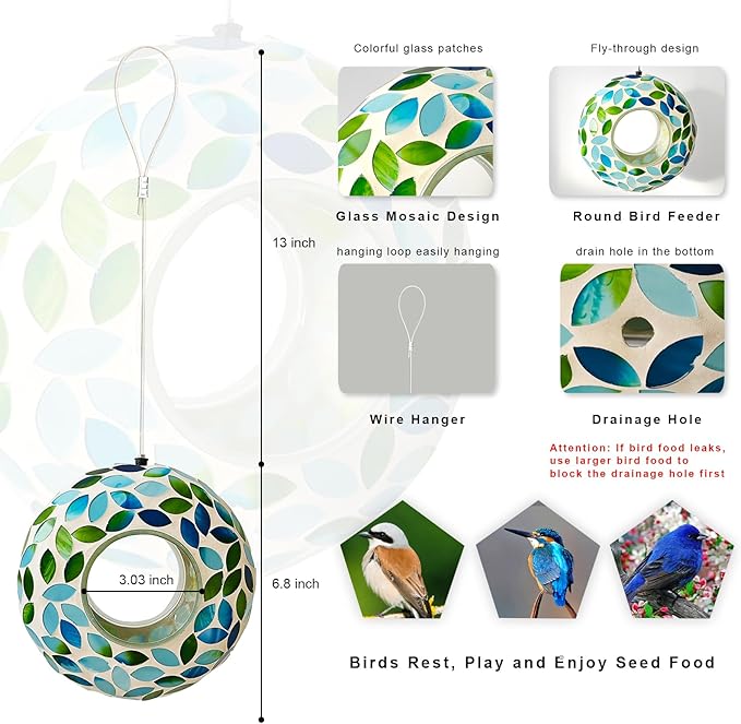Mosaic Bird Feeder, Outside Hanging with Round Shape Glass BirdFeeders to Attract More Wild Birds, Mosaic Fly Through for Garden, Yard, Backyard, Deck and Porch Decor, Green 7-Inch
