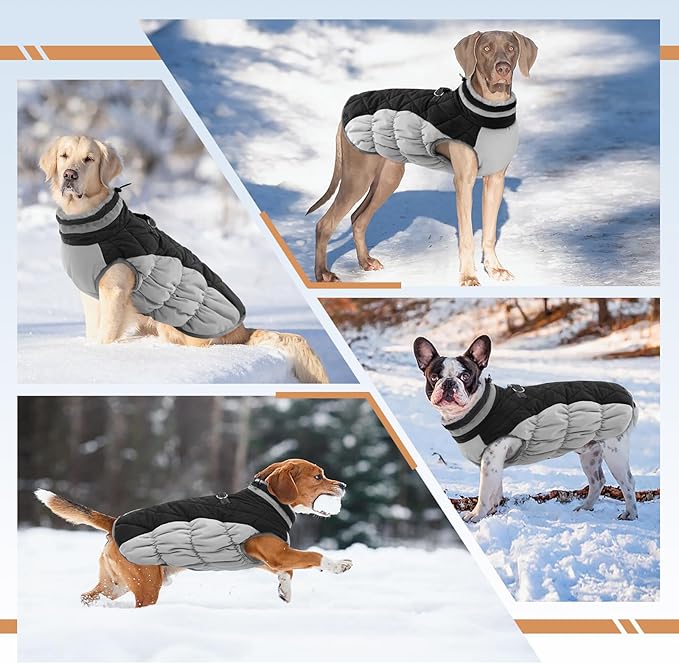 Winter Dog Coat,Large Dog Jacket,Waterproof Pet Jacket with Back Zipper,Pet Coat with Harness Built in,Warm Dogs Coat with Fleece Lined,Snow Jacket Clothes French Bulldog Shiba Inu,Black,L