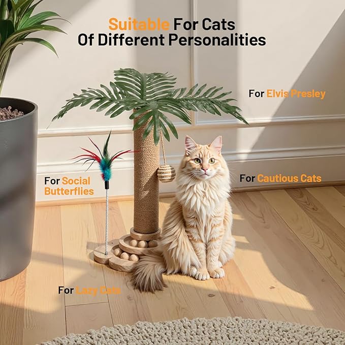 Palm Tree Cat Scratching Post Sisal Cat Scratch Pole with Hanging Ball,Wooden 2 Level Track,Interactive Toy for Indoor Small Kitten