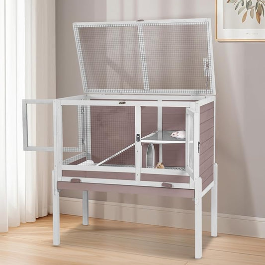 Wooden Guinea Pig Cages Indoor,Two-Story Wooden Rabbit Cage Hutch with Removable Stand and Pull Out Tray, Small Animals Cage Habitat with Ramp and Plastic Mesh(Brown&White)