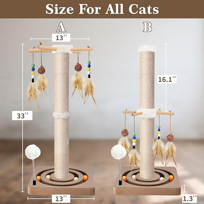 Tall Cat Scratching Post, 33 Inches, Sisal, Interactive Furniture Toys for Indoor Cats Adults, 2 Mounting Methods Large Scratcher Tree Tower with Hanging and Ball Track, Activity Center for All Ages