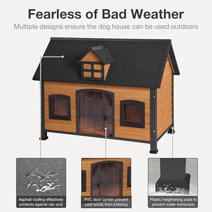 Outdoor Dog House Weatherproof Dog Kennel with Anti-Chewing Iron Frame Puppy Shelter for for Small to Large Sized Dogs