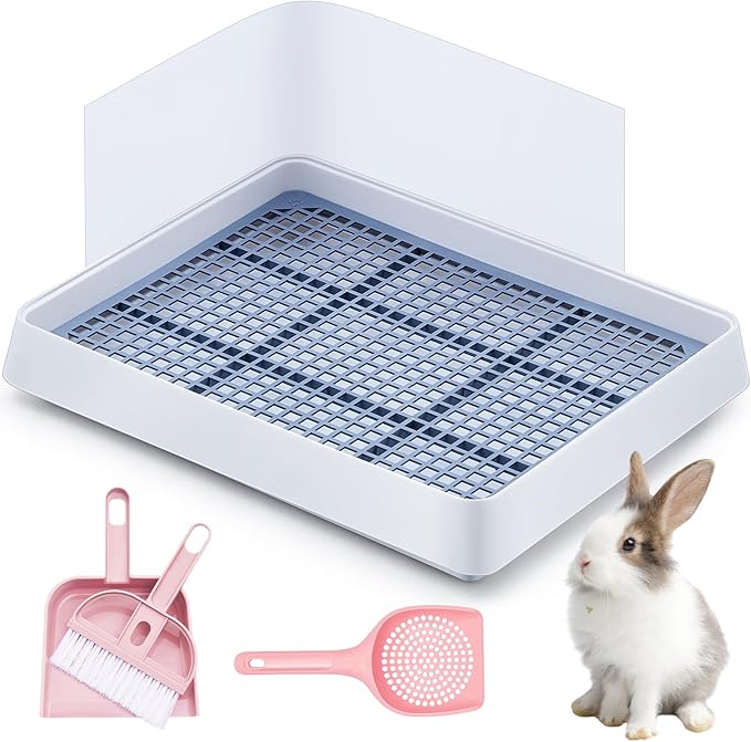 Uiifan Large Rabbit Bunny Litter Box Guinea Pig Litter Tray 15 x 12.1 x 2.55 Inch Small Animal Pet Toilet Potty Pan Rectangular Rabbit Bedding Tray Ferrets Cage (White and Pink)