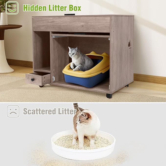 Cat Litter Box Enclosure Cabinet with Wheels, Wooden Hidden Litter Box Furniture with Large Storage, Flip Top Cat Cabinet Indoor with Drawer (Grey, Medium)