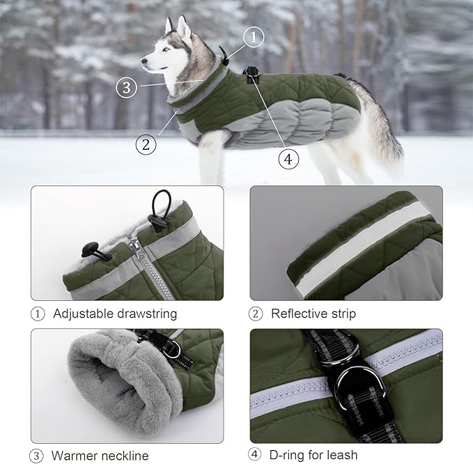 Lelepet Dog Coat Warm Dog Winter Coat Waterproof Dogs Jacket with Harness Built in Reflective Pet Fleece Vest Zip-Up Cold Weather Coats for Dogs Turtleneck & Windproof Coats Chihuahua Army Green XS