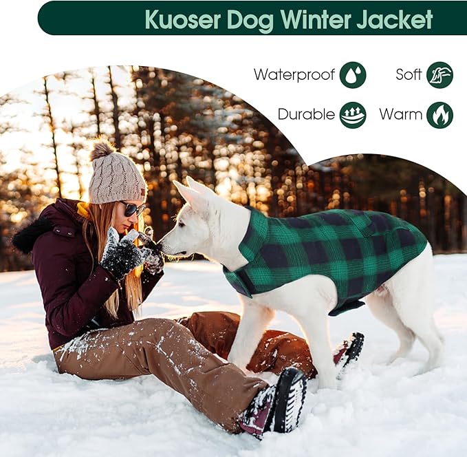 Kuoser Reversible Dog Jacket, Warm Winter Coat for Large Dogs, Warm Windproof Pet Cold Weather Clothes, Green XXL