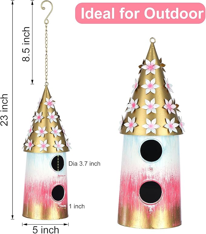 BAYN Hanging Bird House for Outside, 2 Story Double Hole Metal Birdhouse for Outdoor Hanging Handwork Bird Nest Decorative Garden Decor Outdoor