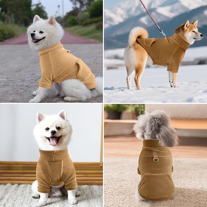 Idepet Fleece Dog Sweater 2 Pack, Winter Pet Clothes Turtleneck Sweatshirt with Leash Ring, Stretchy Small Dog & Cat Coat with Pocket (Khaki+Brown, X-Small)