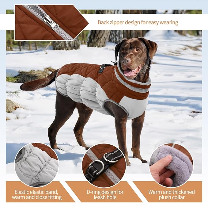 Winter Dog Coat,Large Dog Jacket,Waterproof Pet Jacket with Back Zipper,Pet Coat with Harness Built in,Warm Dogs Coat with Fleece Lined,Snow Jacket Clothes French Bulldog Shiba Inu,Brown,L