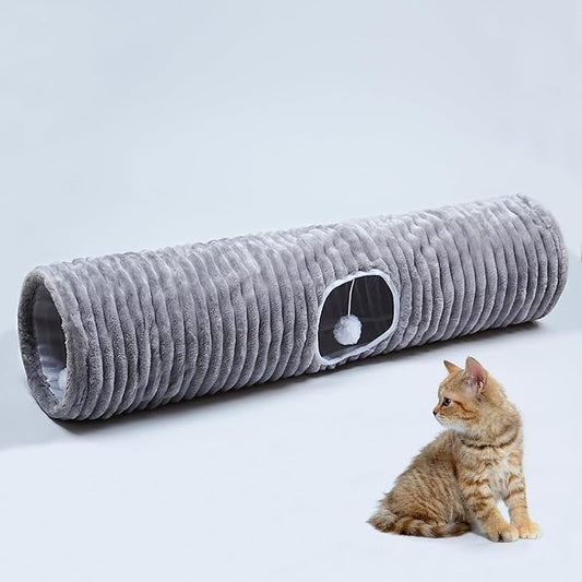 Luxurious Cat Tunnel,43" Straight Cat Tunnel Bed with Balls,Cat Toys for Indoor Cats,Collapsible Peekaboo Cat Cave for Kitten Toys (Gray Stripe)