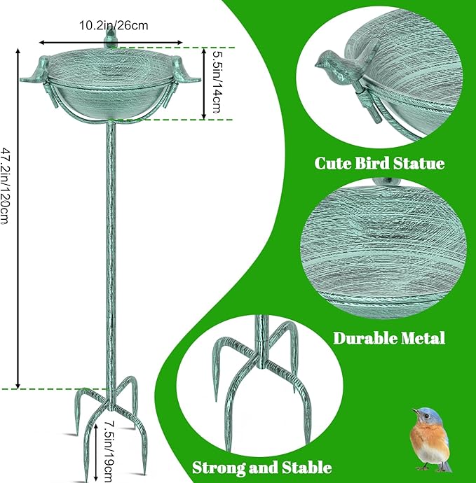58In Freestanding Birdbaths Bowl Outdoor, Free Standing Garden Bird Bath Feeder Bowl with 3 Bird Statues, Birdbath & Birdfeeder with Metal Stake Garden Yard Lawn Decor (Retro Green)