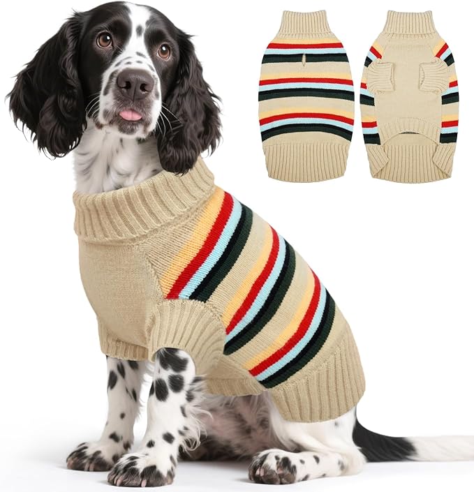 Kuoser Dog Sweater XL, Dog Sweaters for Medium Dogs Boy Girl, Turtleneck Doggie Striped Knitwear for Christmas, Winter Dog Clothes Pet Apparel for Labrador Beagle, Apricot XL