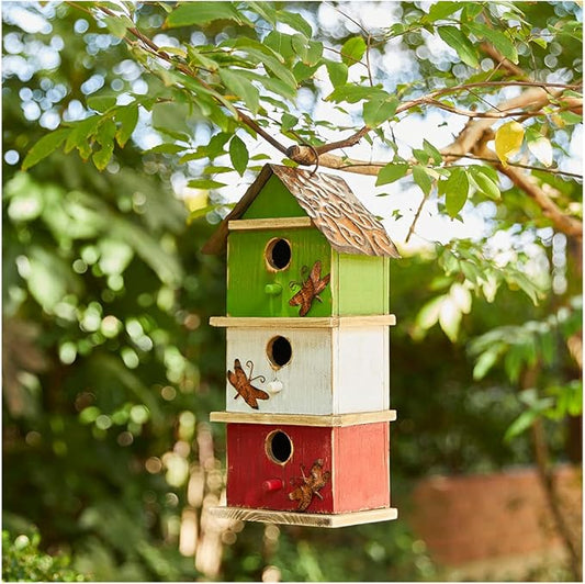 Glitzhome 13.75" H Multicolored Three-Tiered Distressed Solid Wood Birdhouse Garden Hanging Bird House for Outdoors