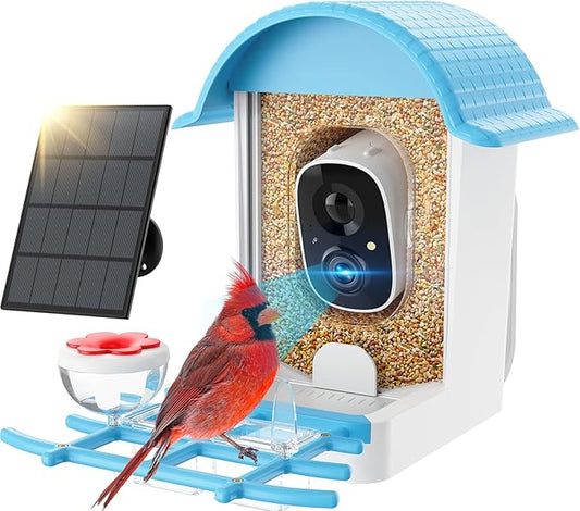 Bird Feeder with Camera, Smart Bird Feeder with Solar Panel, 2K HD Live View, AI Identify, Auto Capture, Instant Notifications, 2.4GHz, IP65 Waterproof, Ideal Gifts for Lover, Blue