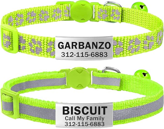 TagME 2 Pack Cat Collar with Name Tag, Personalized Reflective Cat Collar Breakaway with Bell for Boy & Girl Cats, Green