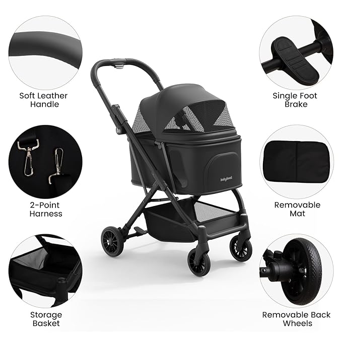 Lightweight Dog Stroller for Small Dogs & Cats Portable Compact Folded Pet Stroller Up to 35lbs Medium Pets One Click Folding Large Cat Carriage with Convertible Canopy Storage Basket-Black