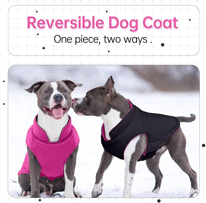 Lelepet Reversible Dog Coat Warm Dog Winter Jacket Padded Vest Windproof Lightweight Cold Weather Coat Pet Sonwsuit with Hook & Loop Coats for Medium Dogs, Non-Shedding, Easy on/Off, Pug, Rose Red, M