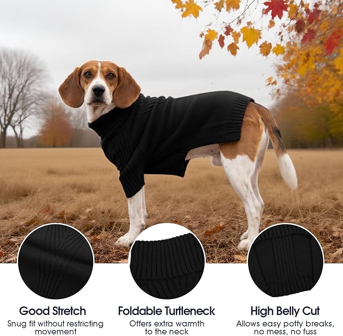 IECOii XXL Dog Sweater,Thermal Knit Big Dog Sweater with Sleeve,Pet Turtleneck Doggy Sweatshirt for Extra Large Dogs Boy Girl,Stretchy Large Dogs Cold Weather Outfit Pitbull Clothes,(Black,XXL)