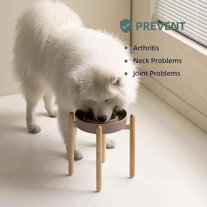 9.5inch Ceramic Raised Slow Feeder Dog Bowl Set, Elevated Bowl with Wooden Stand for Large Dog, Puzzle Slow Pet Food Dish, Preventing Choking(Brown Coffee, Single Bowl+ Stand)