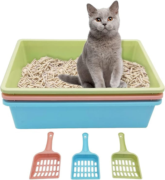 Kathson 3PCS Medium Open Cat Litter Box with Scoop, Durable Non-Stick Plastic Litter Pan for Cats, Puppies, Bunnies, and Small Animals, 15 x 11 x 4 Inches