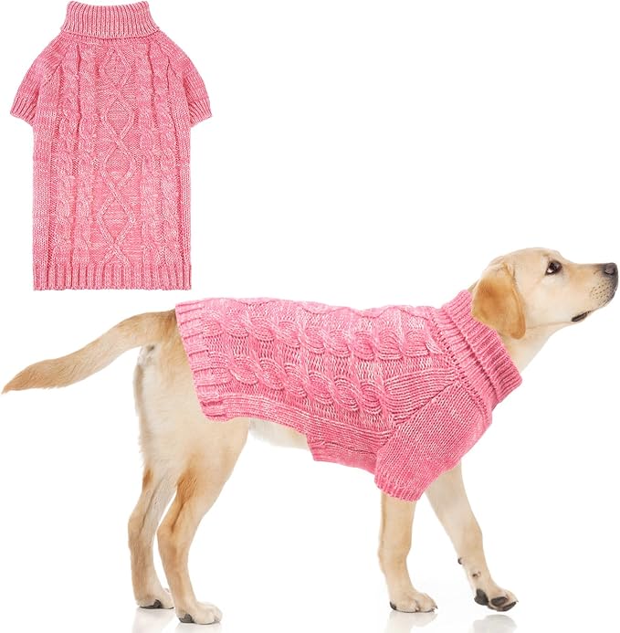 KOOLTAIL Dog Sweater for Large Medium Small Dogs, Fall Dog Sweaters, Turtleneck Cable Knitwear Pet Cold Weather Coats with Leash Hole, Warm Winter Pullover Clothes for Bulldog, Yorkie,Boy Girl, Pink L