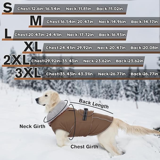 Lelepet Warm Dog Coat Reflective Fleece Vest Waterproof Dog Jacket with Adjustable Buckle Hook & Loop Windproof Cold Weather Coats for Small Medium Large Dogs, Brown, XXXL