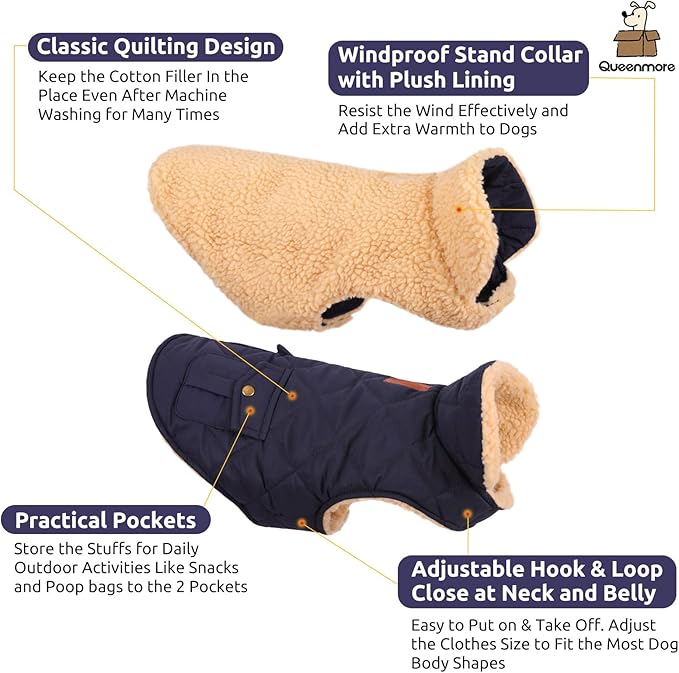 Queenmore Warm Puffer Dog Coat, Quilting Winter Jacket Ultra Thick Plush Lining with Storage Pockets (Dark Navy, X-Large)