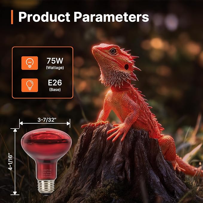 ALAMPEVER 2 Pack Red Heat Lamp Bulb, 75 Watt Infrared Light Bulb for Bearded Dragon, E26 Base, Durable Reptile Heat Bulb for Amphibian, Lizard, Tortoise, Gecko