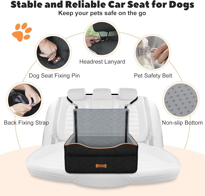 Dog Car Seat for Medium Dog, Dogs Booster Seat Under 50Lbs or 2 Small Dogs Washable, Pet Car Seats with 2 Safety Leashes, Pets Sofa Bed Cushion Add Thick Sponge, Pet Cars Carrier for Travel