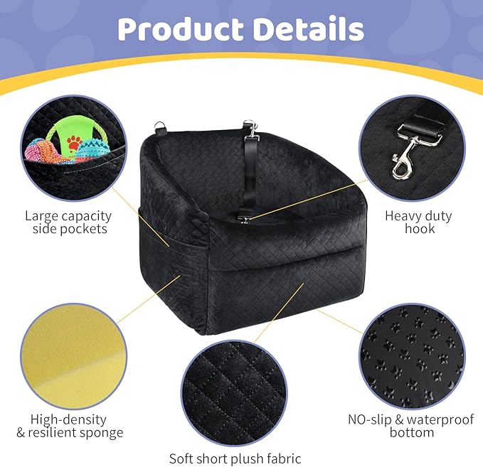 Dog Car Seat for Small/Medium Dogs, Upgrade Dog Booster Seat,Detachable and Washable Pet Car Seats with Thick Cushion Safety Leash and Storage Pockets(Black)