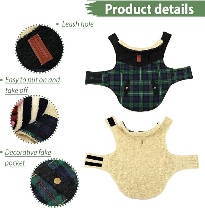 Winter Coat for Small and Medium Dogs, Puppy Plaid Jacket, Cotton Coat for Cold Weather, Windproof Warm Dog Garments, Pet Thickened Outfits Indoor Outdoor, Green S