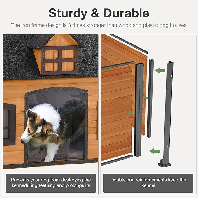 Outdoor Dog House Weatherproof Dog Kennel with Anti-Chewing Iron Frame Puppy Shelter for for Small to Large Sized Dogs