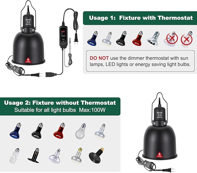 5.5 inch Reptile Heat Lamp Fixture with Dimming Thermostat,Reptile Light Fixture Max 100W,Thermostat with Temperature Controller for Bearded Dragon,Turtles,Snake and Lizard Terrarium